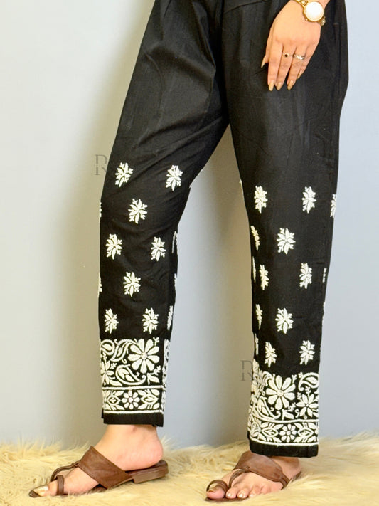 Black Chikankari cotton pant with white hand embroidery and floral hem detailing – non-stretchable