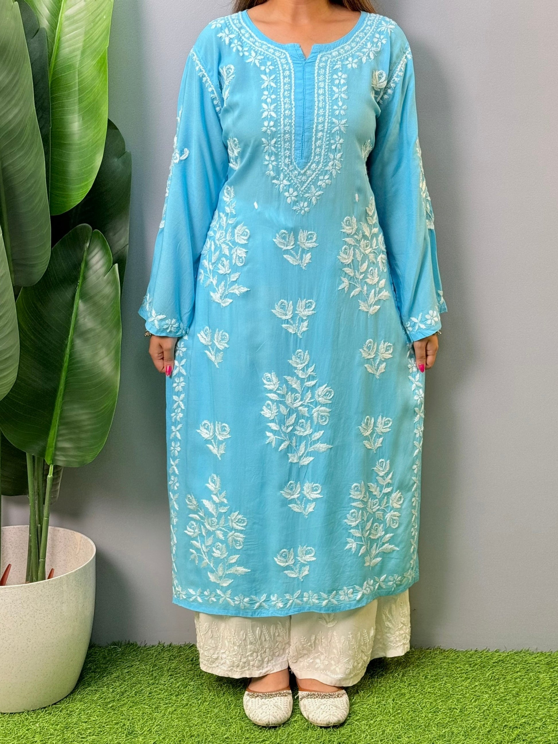 Sky blue modal Lucknowi Chikankari kurta with hand embroidery – elegant ethnic wear for women