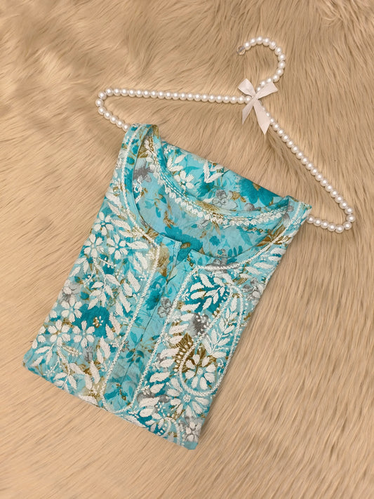 Turquoise floral printed mulmul chikankari kurta with white and mustard embroidery
