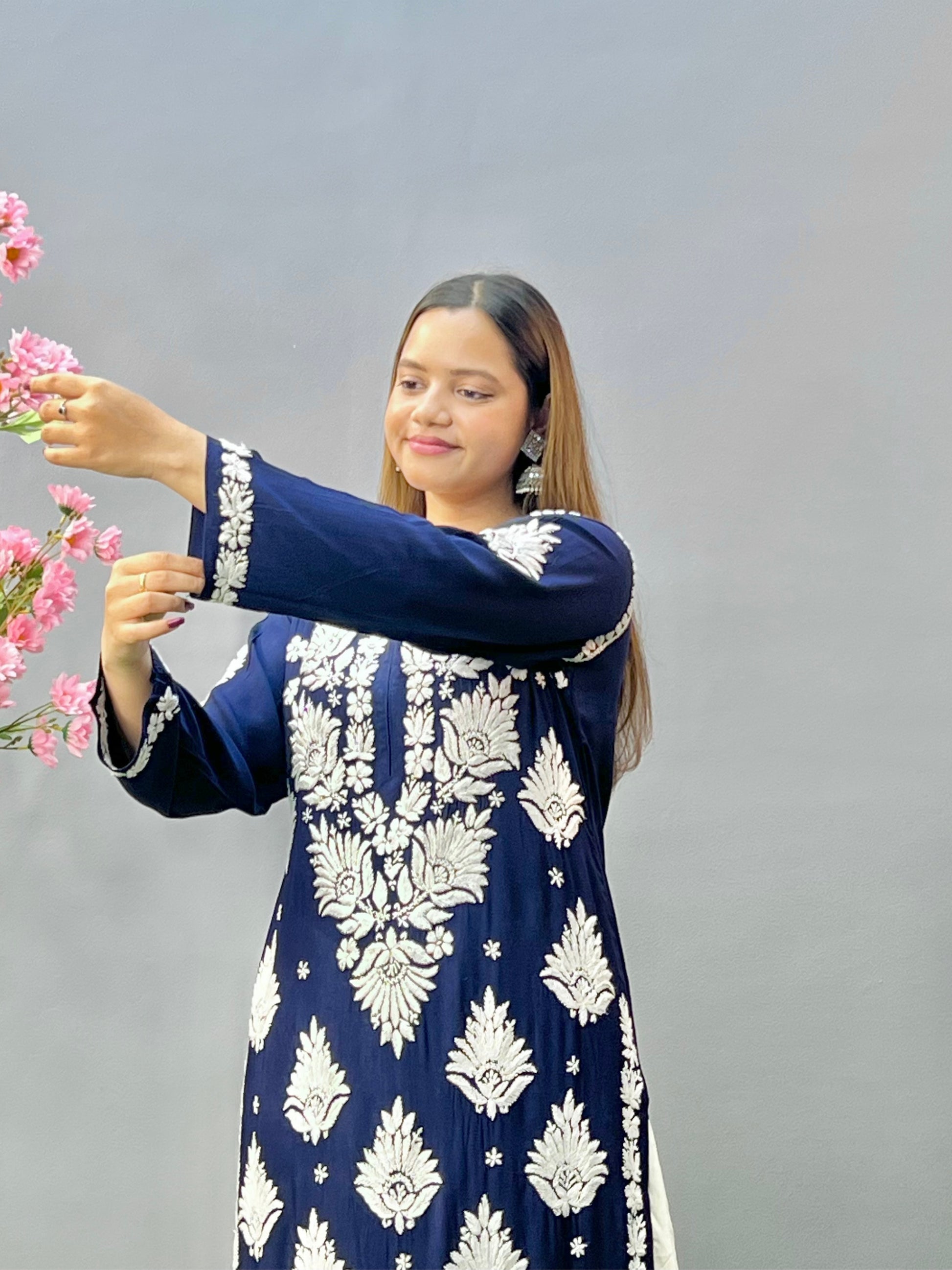 Navy blue modal fabric Lucknowi chikankari kurta with white embroidery
