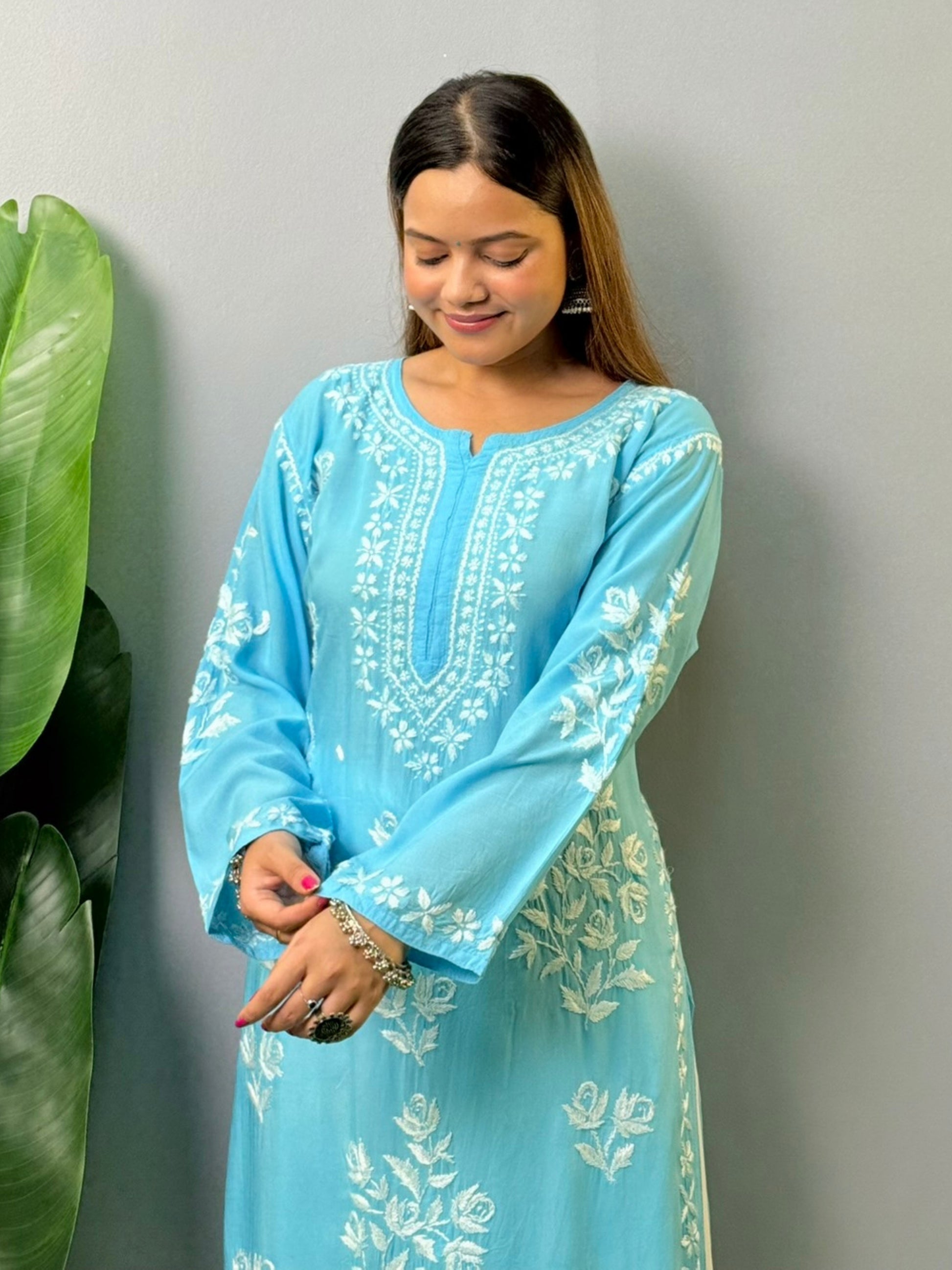 Sky blue modal Lucknowi Chikankari kurta with hand embroidery – elegant ethnic wear for women
