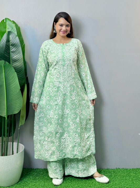 Pastel green cotton printed kurta and palazzo set with white Lucknowi Chikankari embroidery – soft and breathable ethnic wear