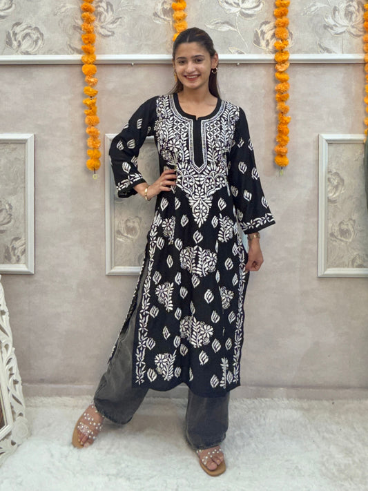 Black muslin chikankari kurta with hand embroidery, premium quality
