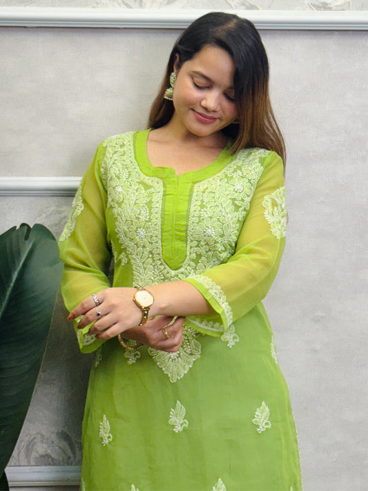 Lime green georgette Lucknow Chikankari kurta with delicate hand embroidery, perfect for casual wear.