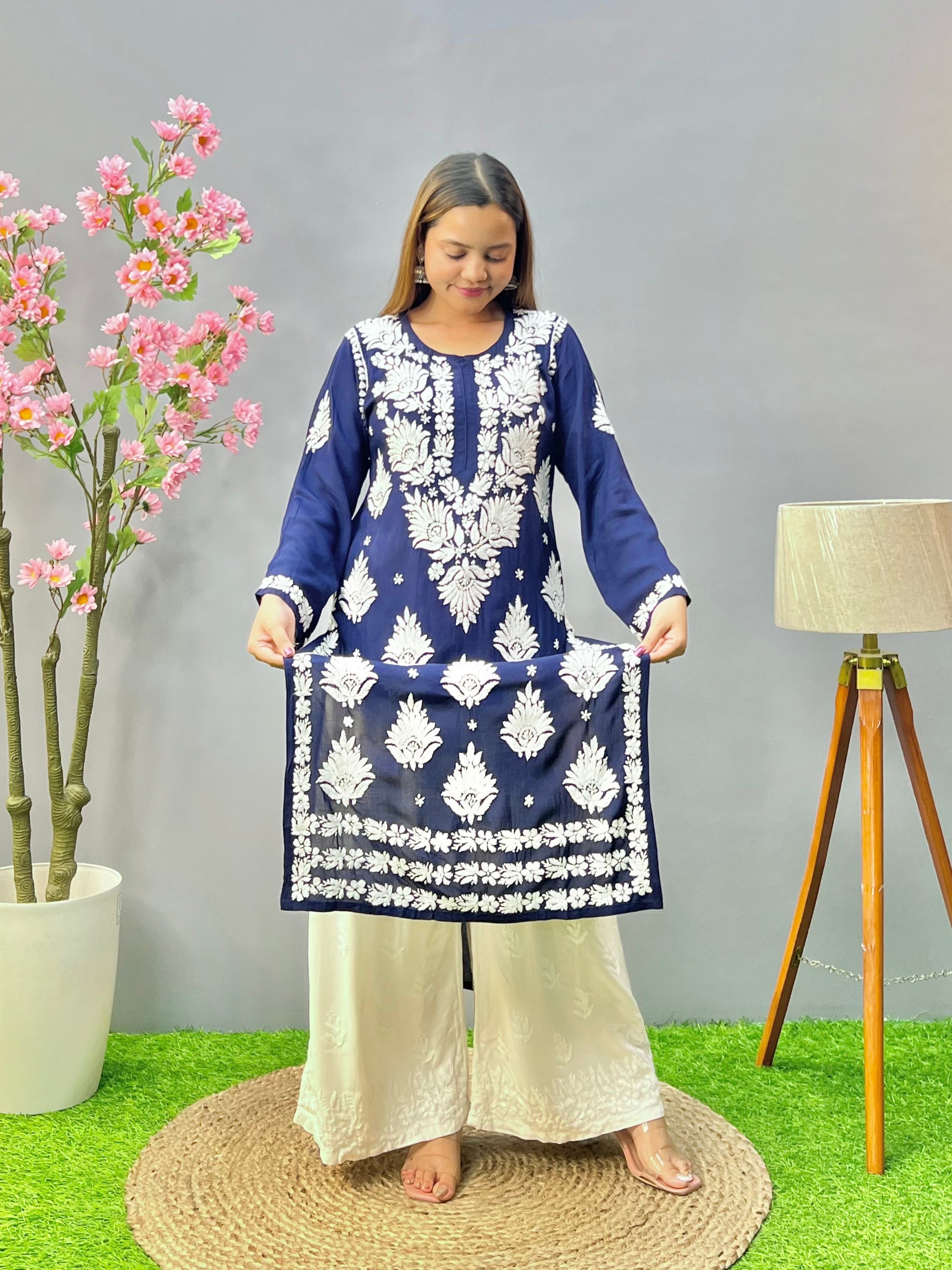 Navy blue modal fabric Lucknowi chikankari kurta with white embroidery