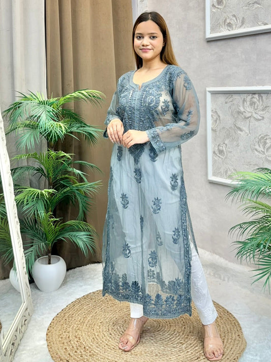 Smokey grey organza Lucknow Chikankari kurta featuring intricate tone-on-tone hand embroidery and side slits