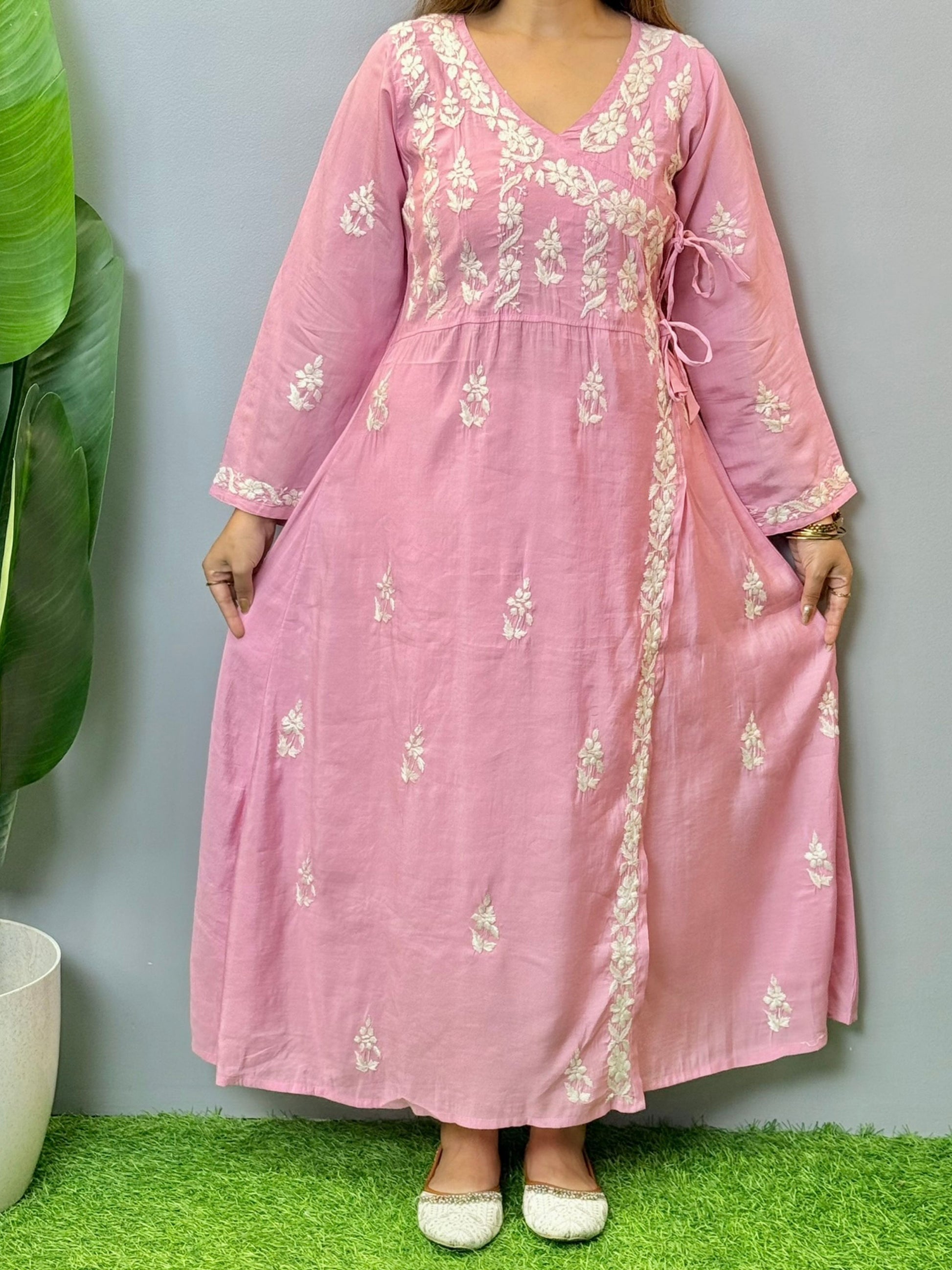 Pink chikankari angrakha kurta in chanderi fabric with elegant hand embroidery