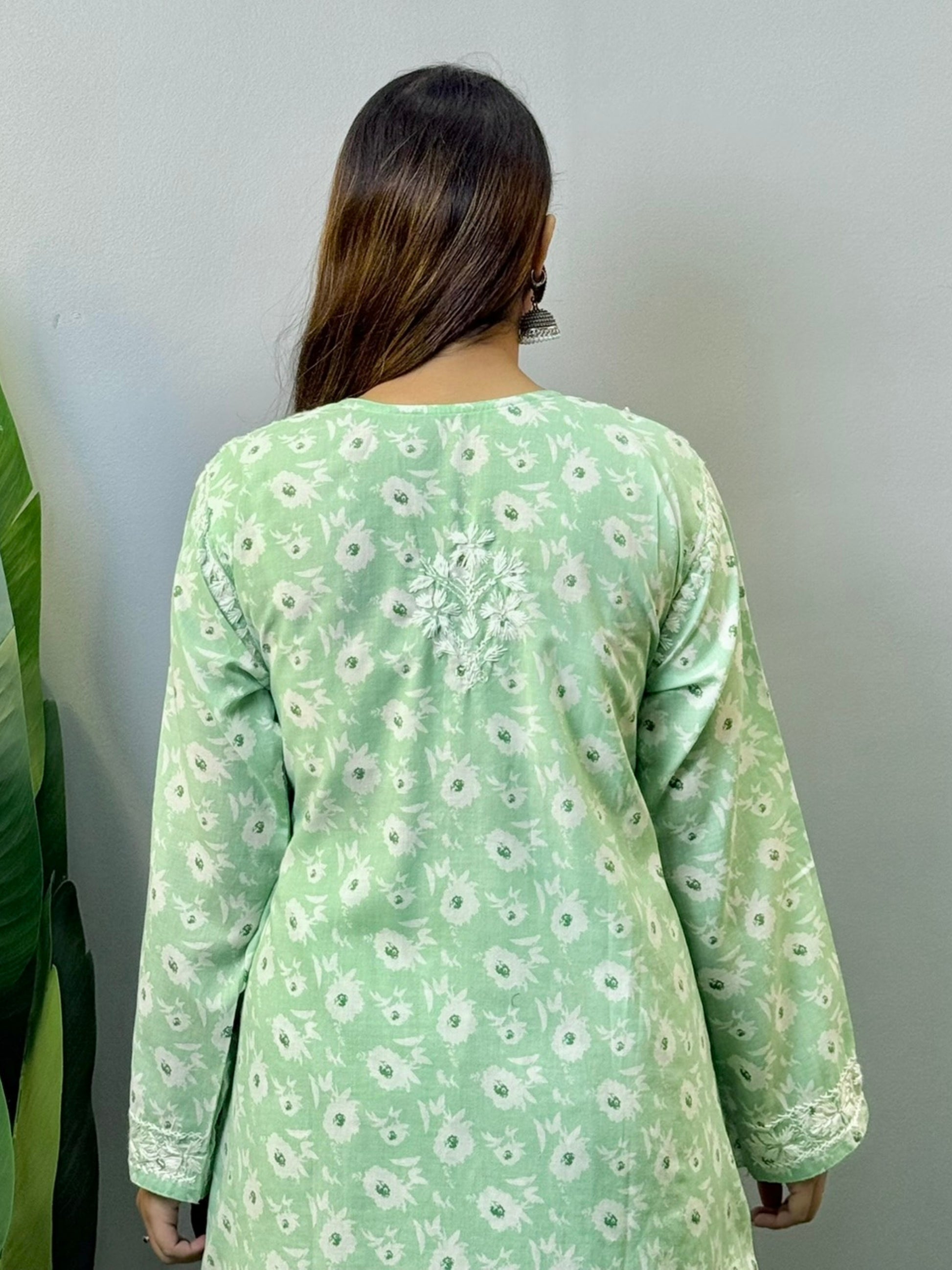 Pastel green cotton printed kurta and palazzo set with white Lucknowi Chikankari embroidery – soft and breathable ethnic wear