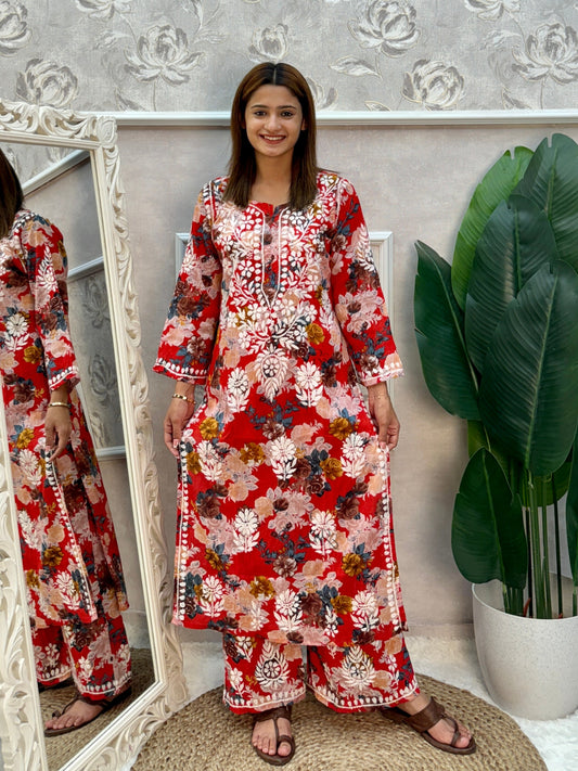 Red printed mulmul Lucknow Chikankari kurta and palazzo set with hand embroidery