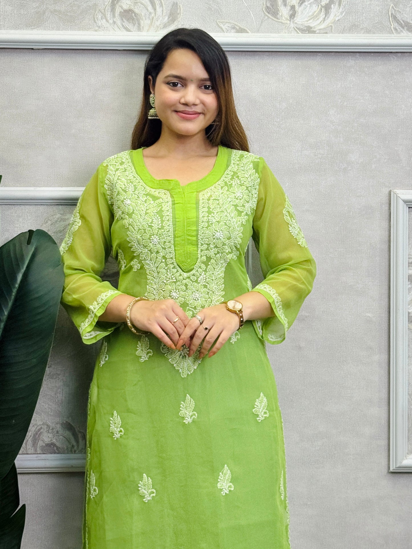 Lime green georgette Lucknow Chikankari kurta with delicate hand embroidery, perfect for casual wear.