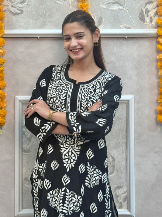 Black muslin chikankari kurta with hand embroidery, premium quality