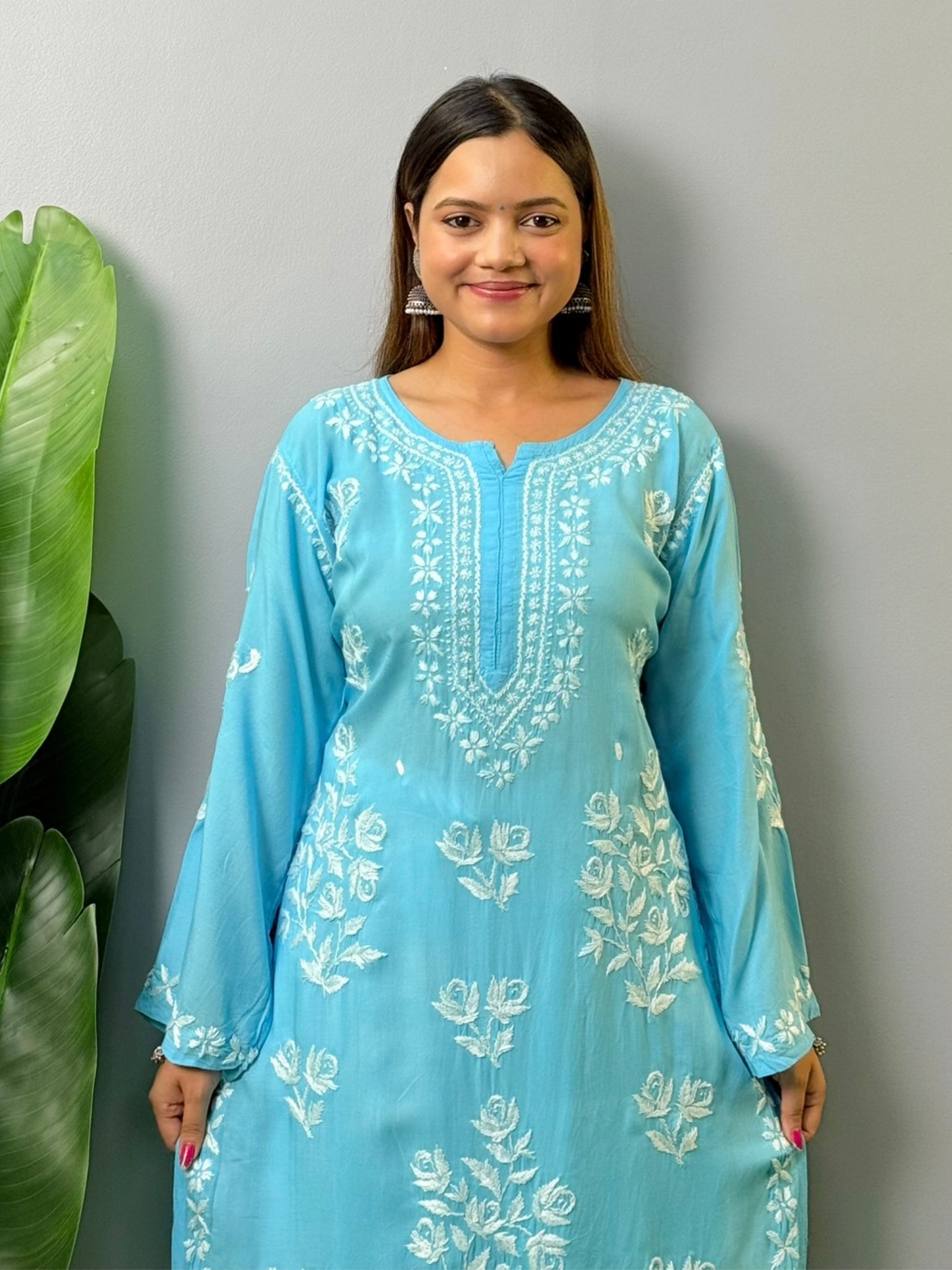 Sky blue modal Lucknowi Chikankari kurta with hand embroidery – elegant ethnic wear for women