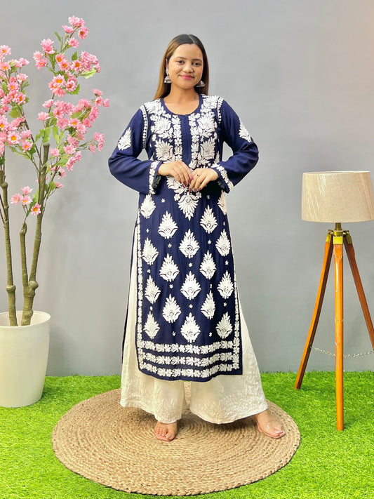 Navy blue modal fabric Lucknowi chikankari kurta with white embroidery