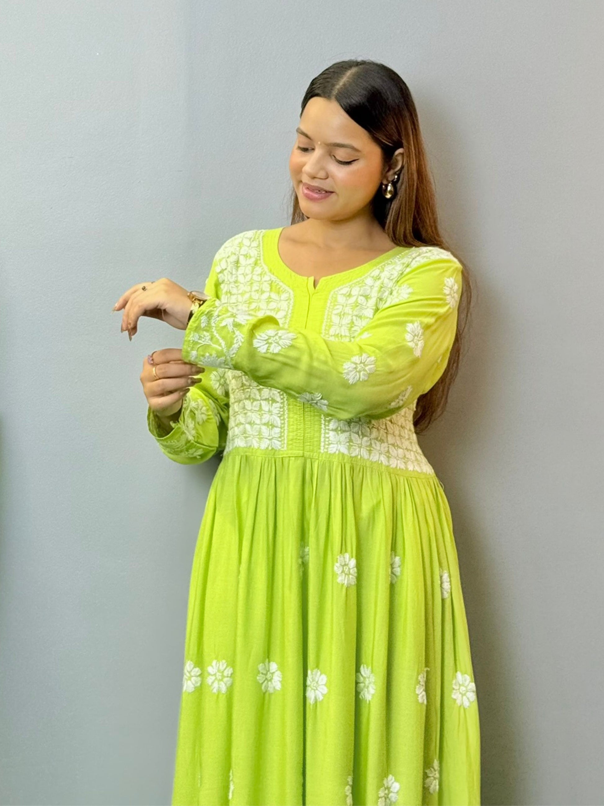 Lime green chikankari long frock with heavy hand embroidery on modal fabric