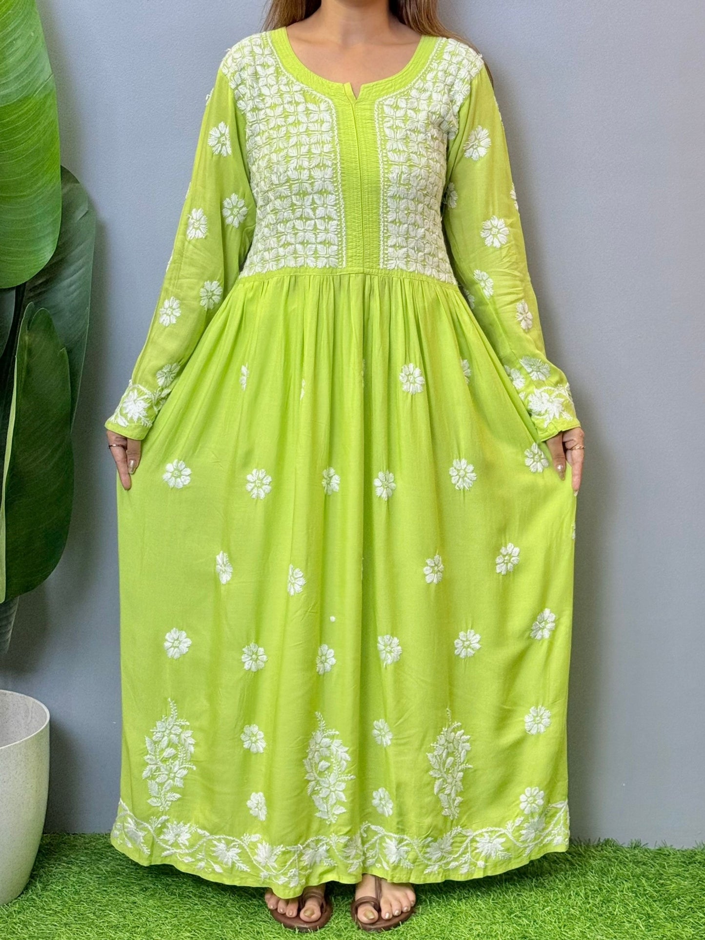 Lime green chikankari long frock with heavy hand embroidery on modal fabric