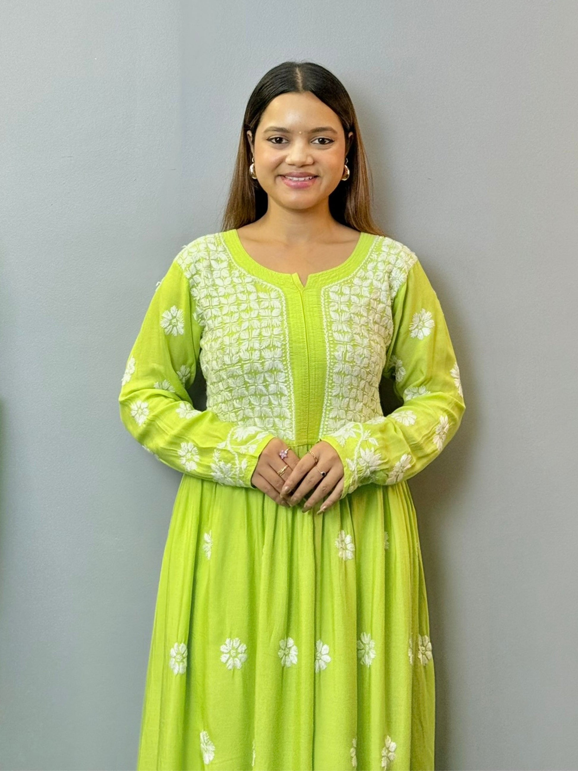 Lime green chikankari long frock with heavy hand embroidery on modal fabric