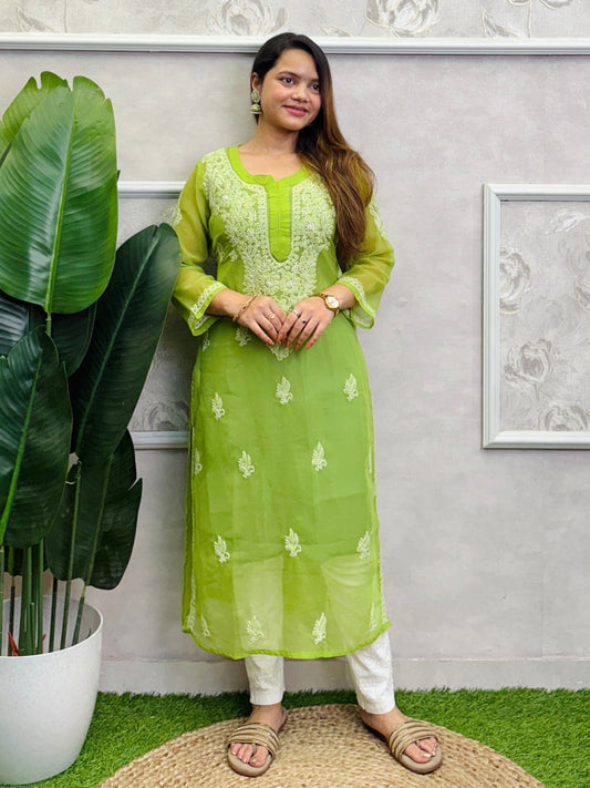 Lime green georgette Lucknow Chikankari kurta with delicate hand embroidery, perfect for casual wear.