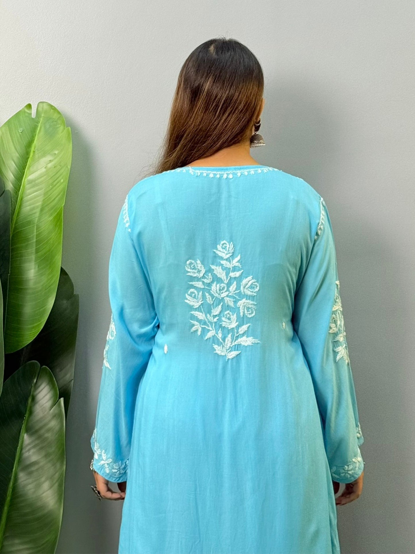 Sky blue modal Lucknowi Chikankari kurta with hand embroidery – elegant ethnic wear for women