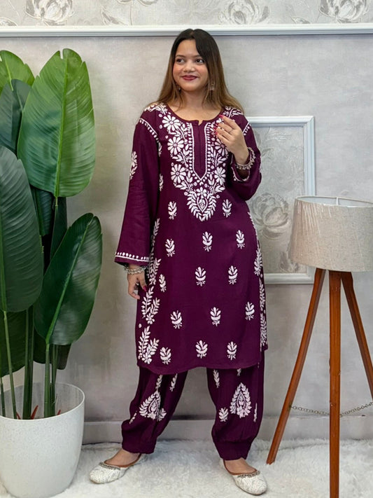 Wine rayon chikankari kurta and Afghani pant set with white hand embroidery – soft and comfortable