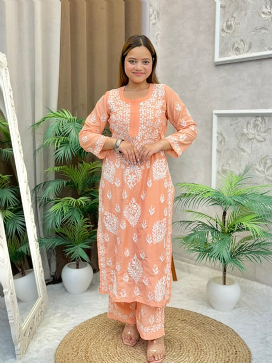 Peach muslin hand embroidered Lucknow Chikankari kurta and pant set for women