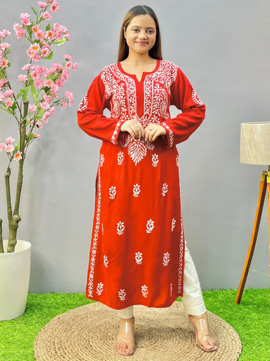 Red Lucknow Chikankari Rayon Kurta with Hand Embroidery – Soft & Premium Quality