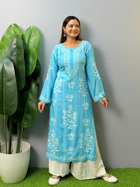 Sky blue modal Lucknowi Chikankari kurta with hand embroidery – elegant ethnic wear for women