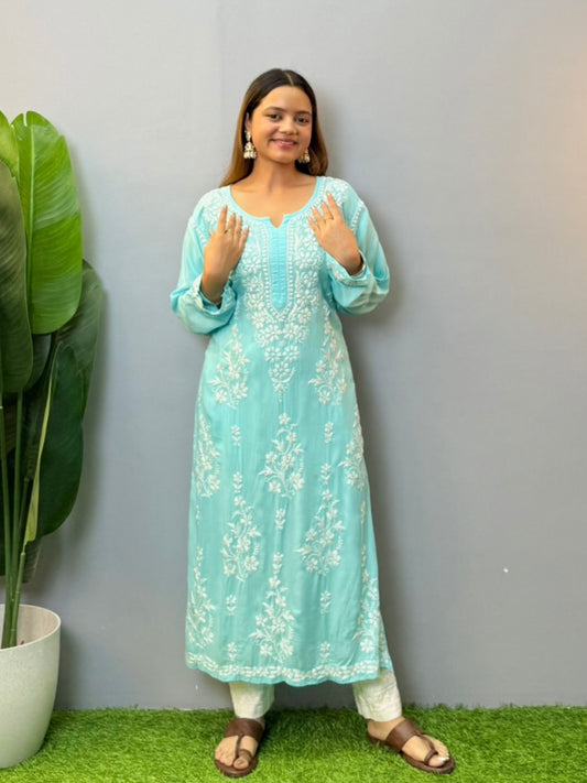 Aqua blue modal fabric chikankari kurta with white hand embroidery work