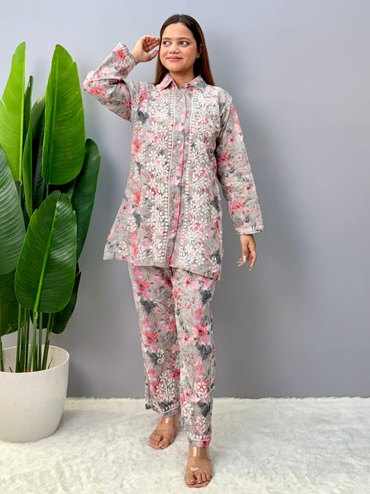 Floral grey-pink mulmul cotton chikankari kurta and pant set with white hand embroidery