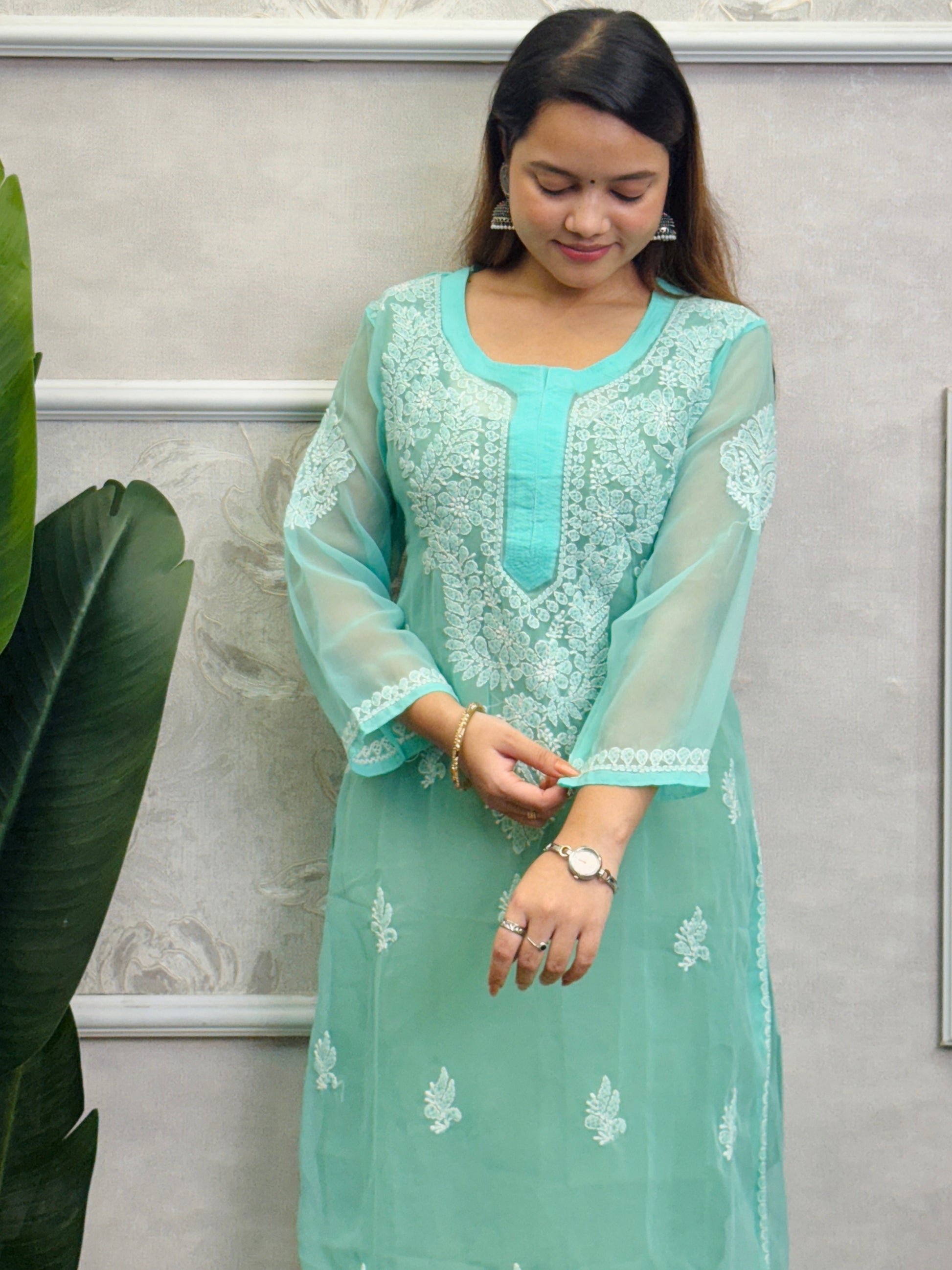 Sea Green Georgette Lucknow Chikankari Kurta with delicate hand embroidery, translucent fabric, casual wear.