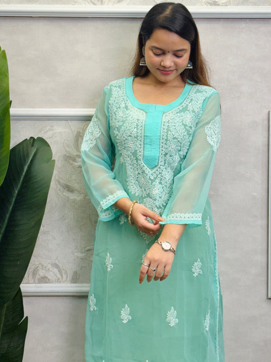 Sea Green Georgette Lucknow Chikankari Kurta with delicate hand embroidery, translucent fabric, casual wear.