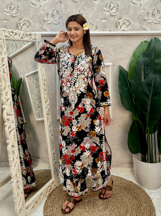 Black printed mulmul Lucknow Chikankari kurta and palazzo set with hand embroidery
