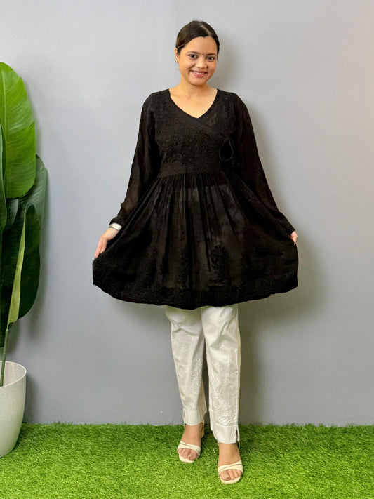 Black Lucknow chikankari short kurta with angrakha pattern in viscose transy fabric