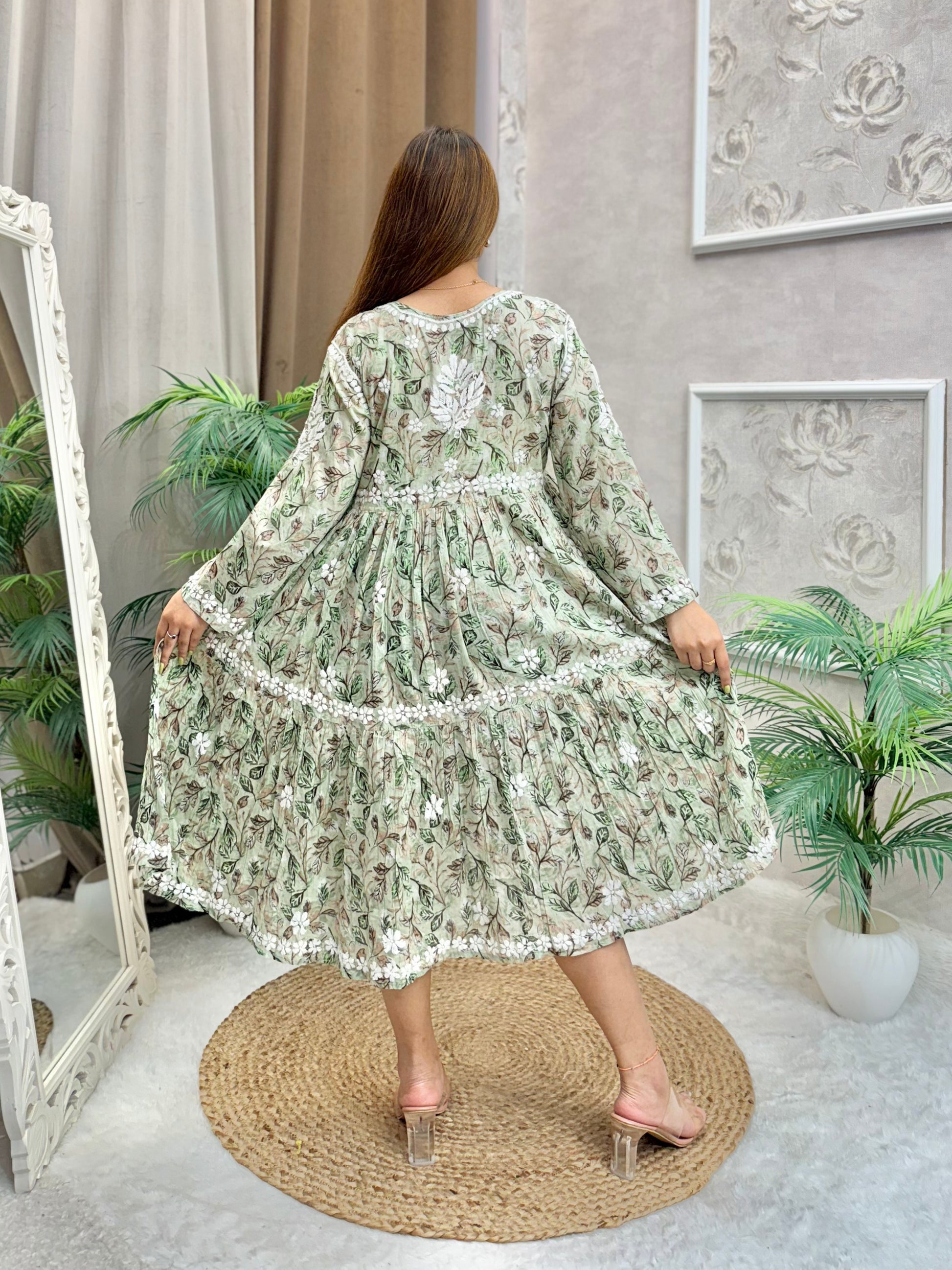Sage green printed mulmul frock kurta with flared silhouette and Lucknow Chikankari embroidery