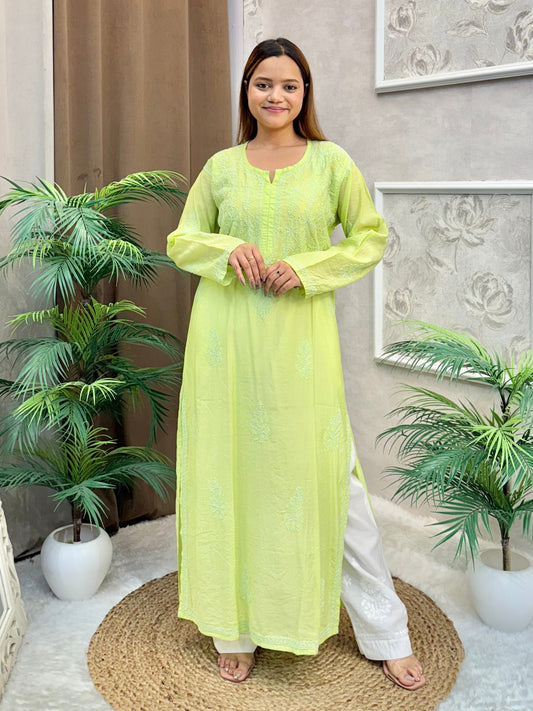 Lemon yellow chanderi Lucknow Chikankari kurta