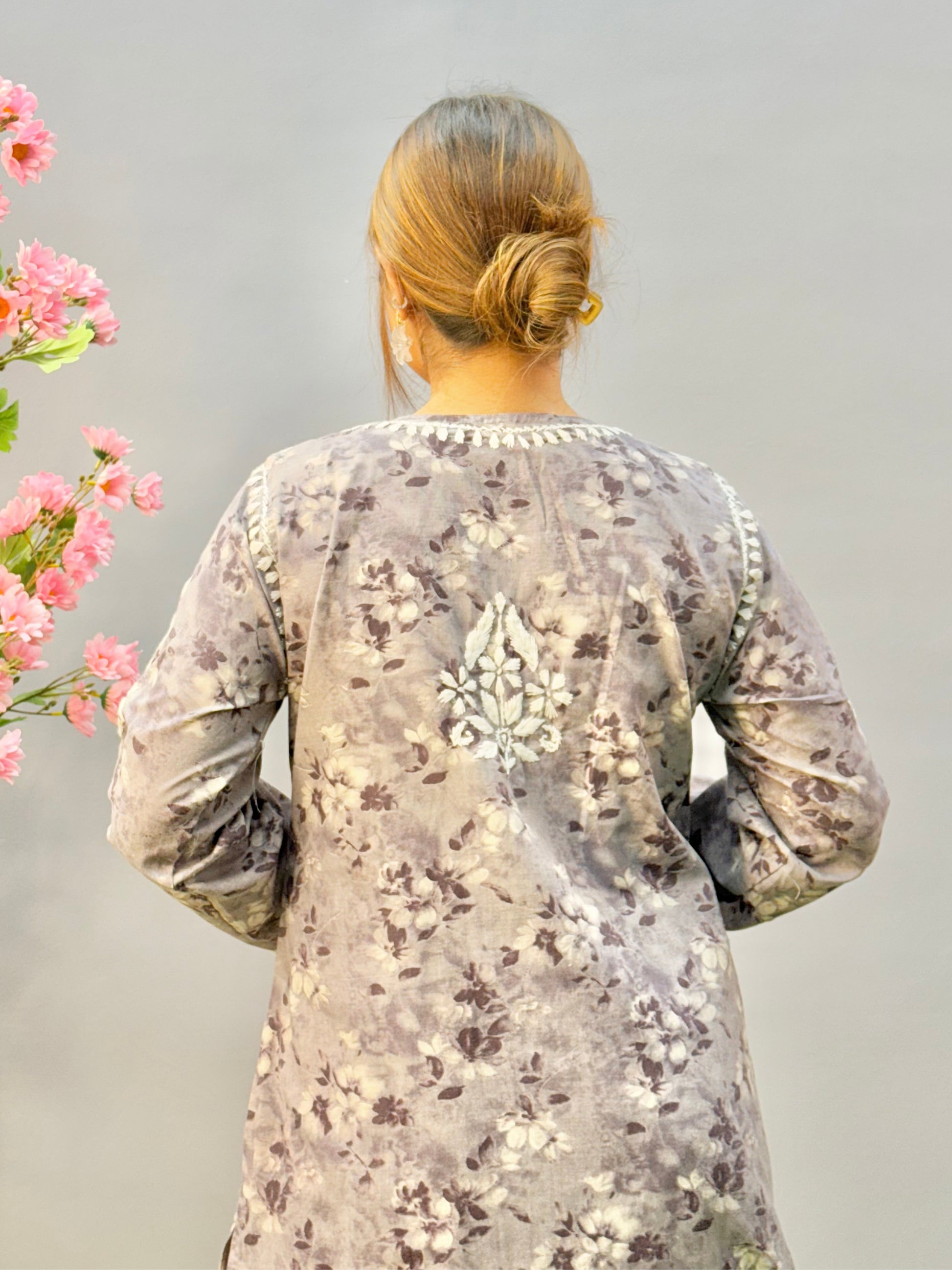 Smoky grey mulmul printed Lucknow Chikankari kurta and palazzo set