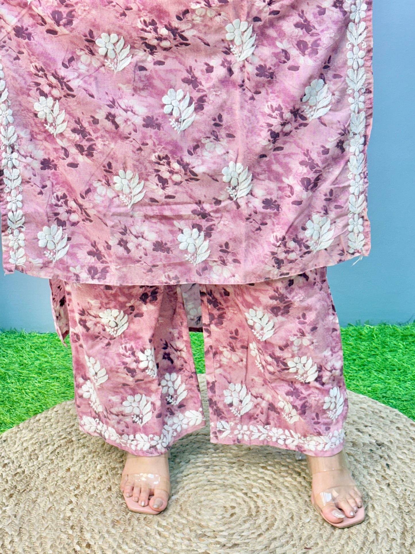 Rose mauve printed Lucknow chikankari kurta and palazzo set in soft mulmul fabric