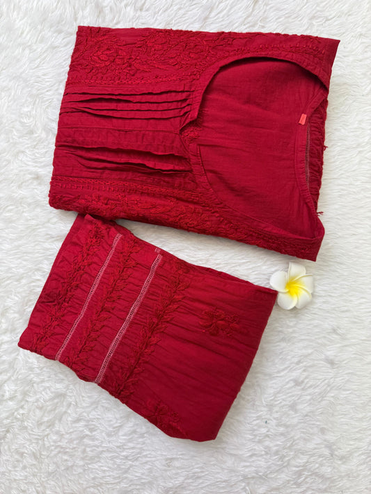 Red cotton short flair chikankari kurta with non-stretch pant and hand embroidery