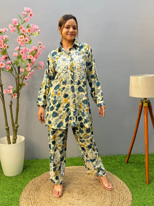 Blue and yellow floral printed rayon co-ord set with Lucknow Chikankari embroidery