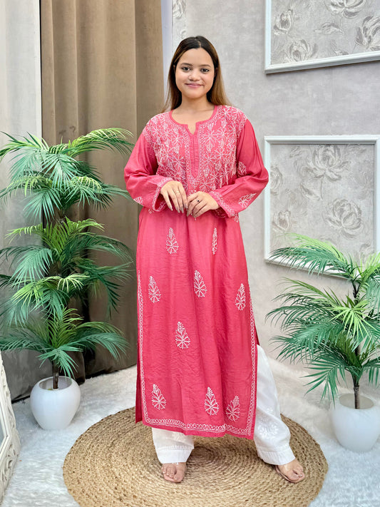 Rani pink chanderi Lucknow Chikankari kurta with bakhiya hand embroidery