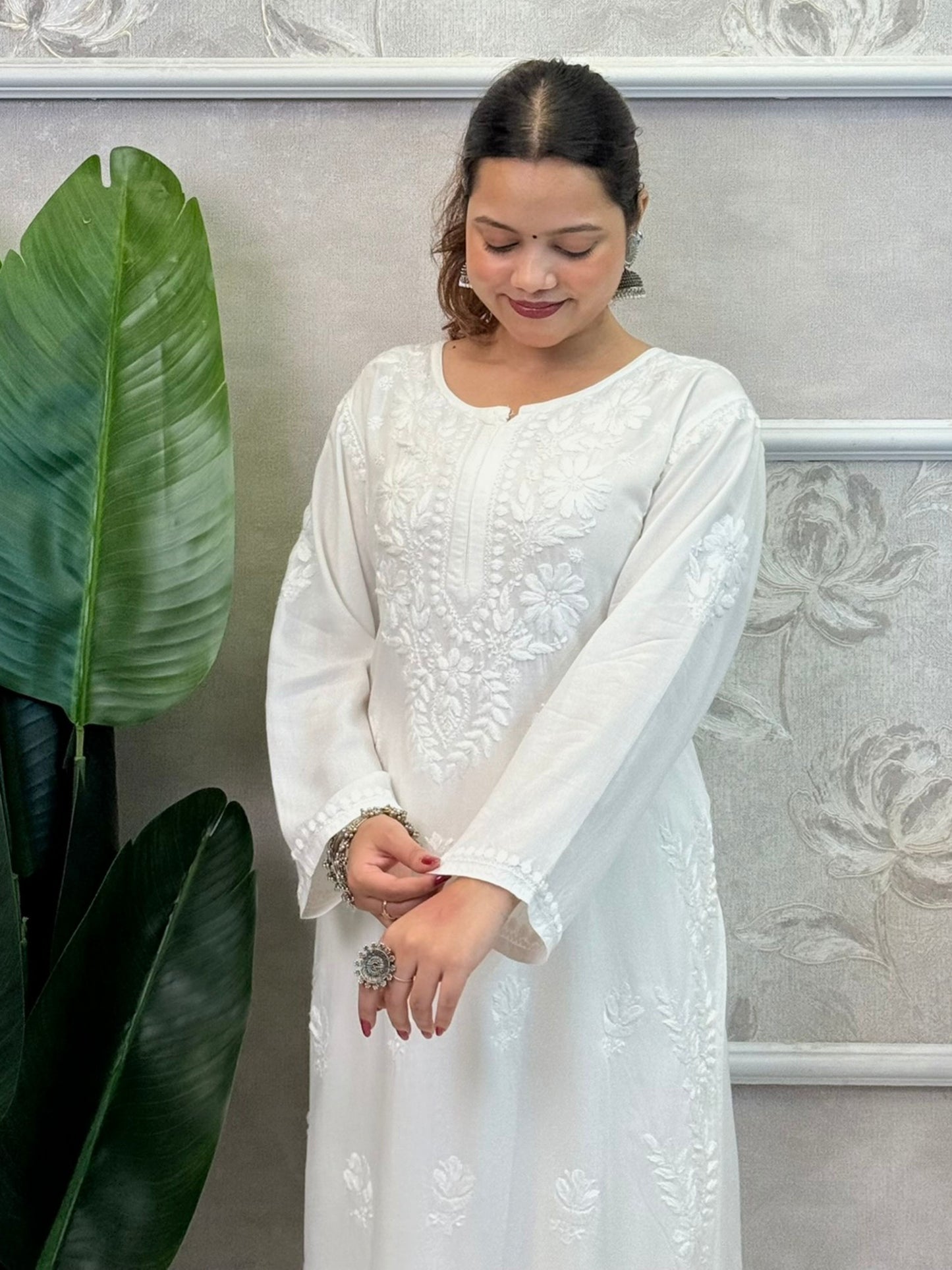 White dyable rayon chikankari kurta and Afghani pant set with hand embroidery