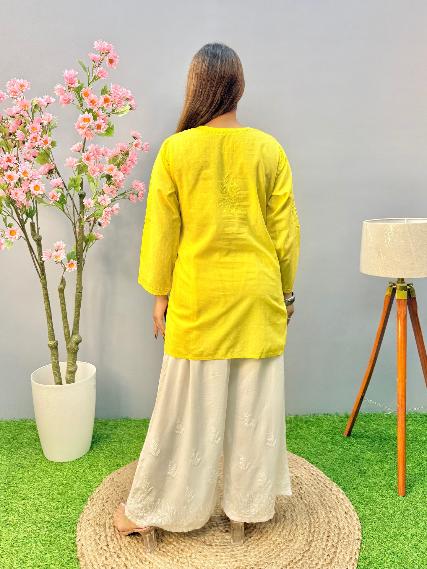 Sunshine yellow dobby cotton short chikankari kurta with hand embroidery