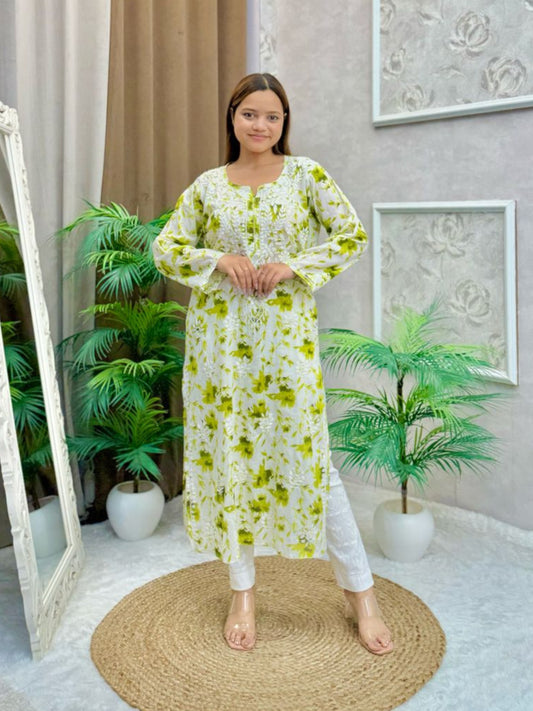 Lime green floral printed mulmul kurta with Lucknow chikankari embroidery
