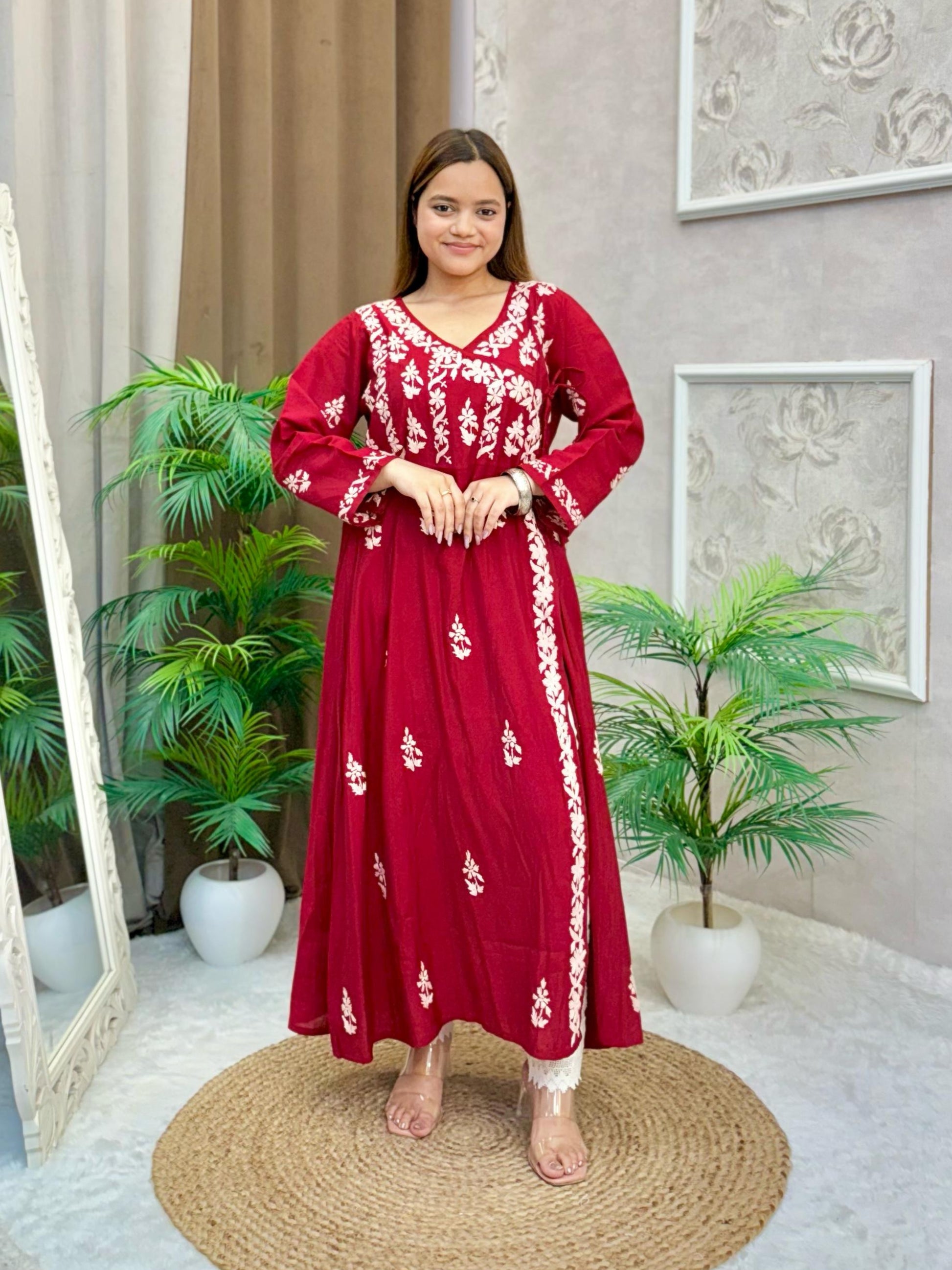 Maroon Chanderi fabric Angrakha-style kurta with white Lucknow Chikankari embroidery