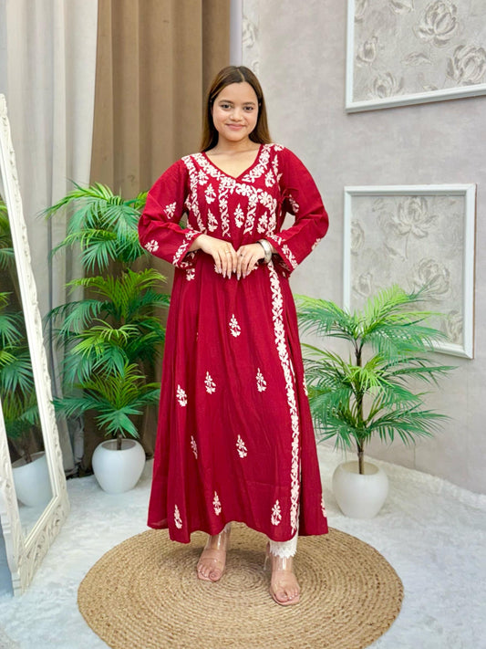 Maroon Chanderi fabric Angrakha-style kurta with white Lucknow Chikankari embroidery