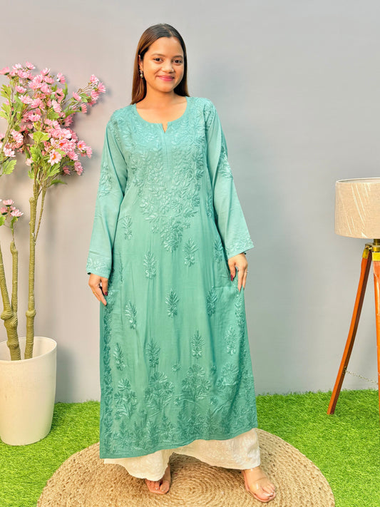 Sea green modal fabric Lucknow Chikankari long straight kurta with handcrafted embroidery