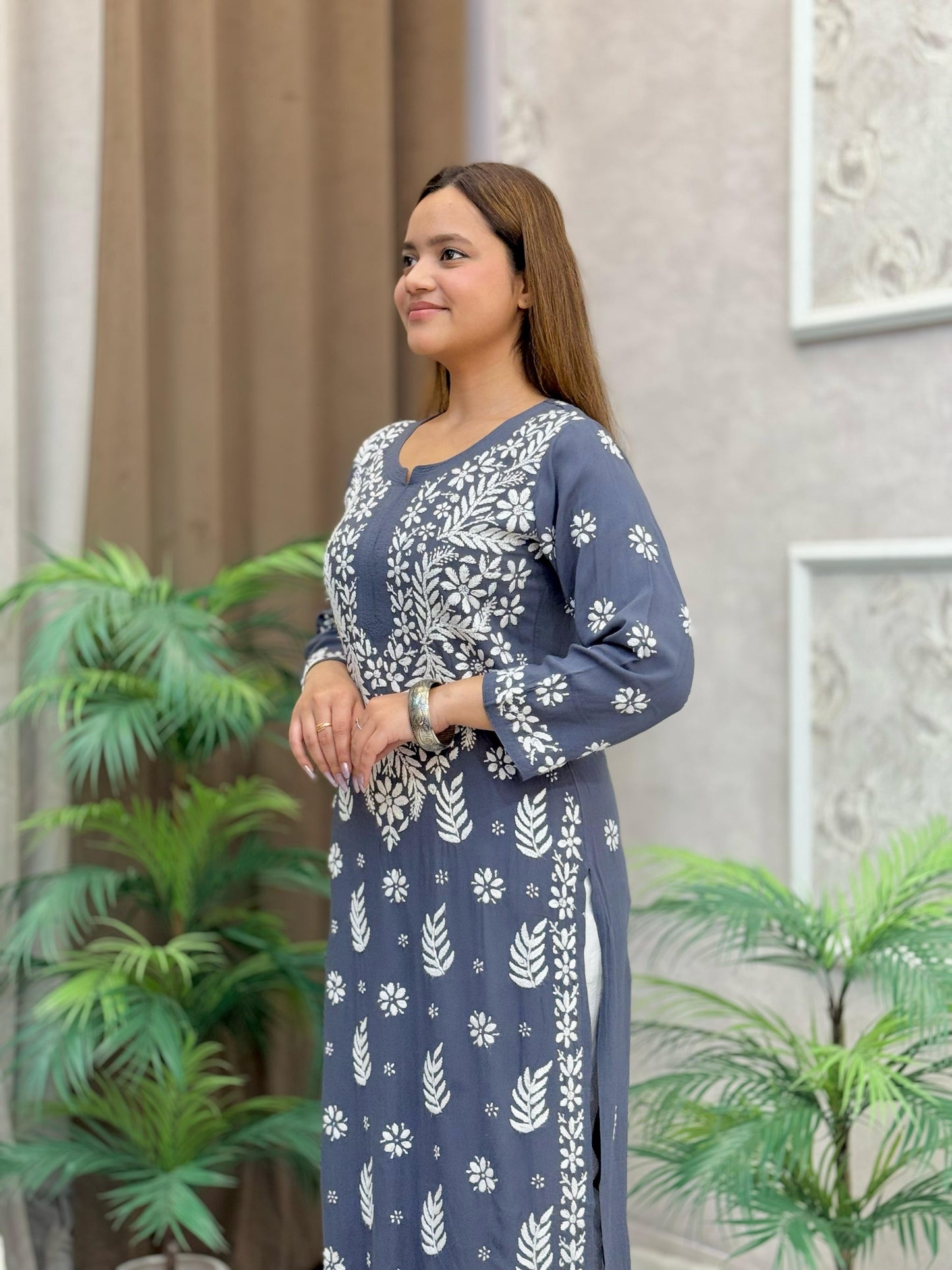 Grey modal fabric straight cut Lucknow Chikankari kurta with white thread embroidery