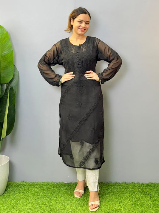 Black sheer georgette chikankari kurta with hand embroidery and straight fit