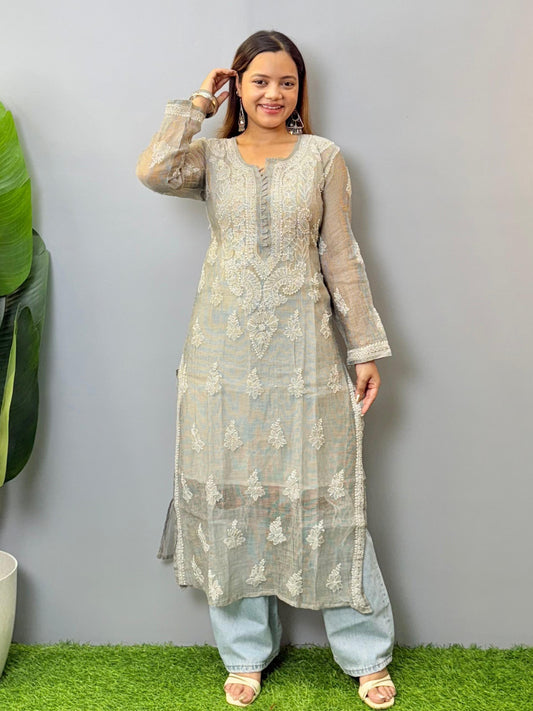 Muted Stone Grey Kota Chikankari Kurta – Lightweight Elegance in Handcrafted Style