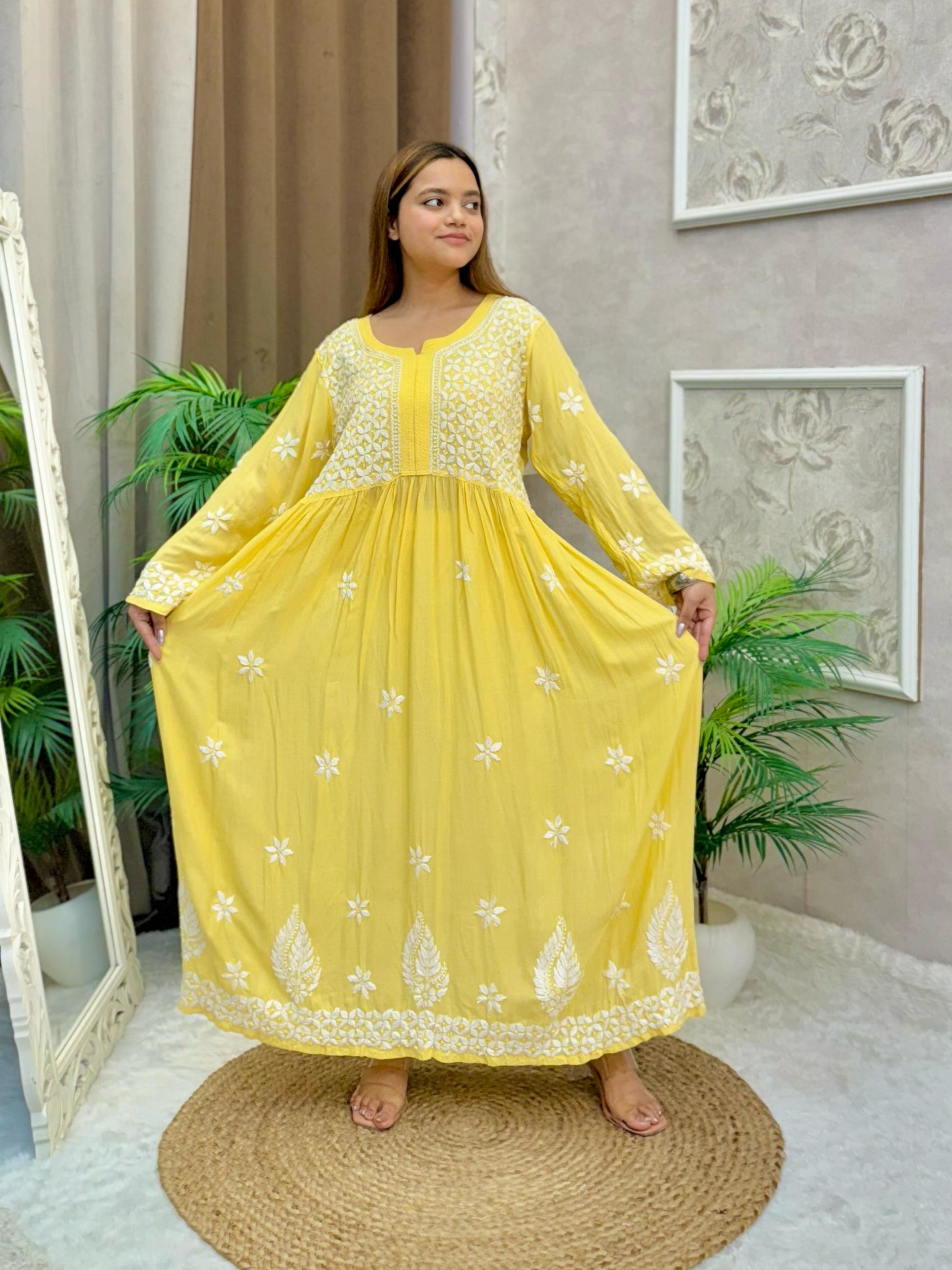 Yellow modal fabric Lucknow Chikankari long frock kurta with white hand embroidery