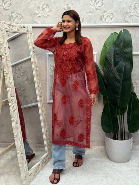 Red Lucknow Chikankari organza kurta with hand embroidery in transy fabric.